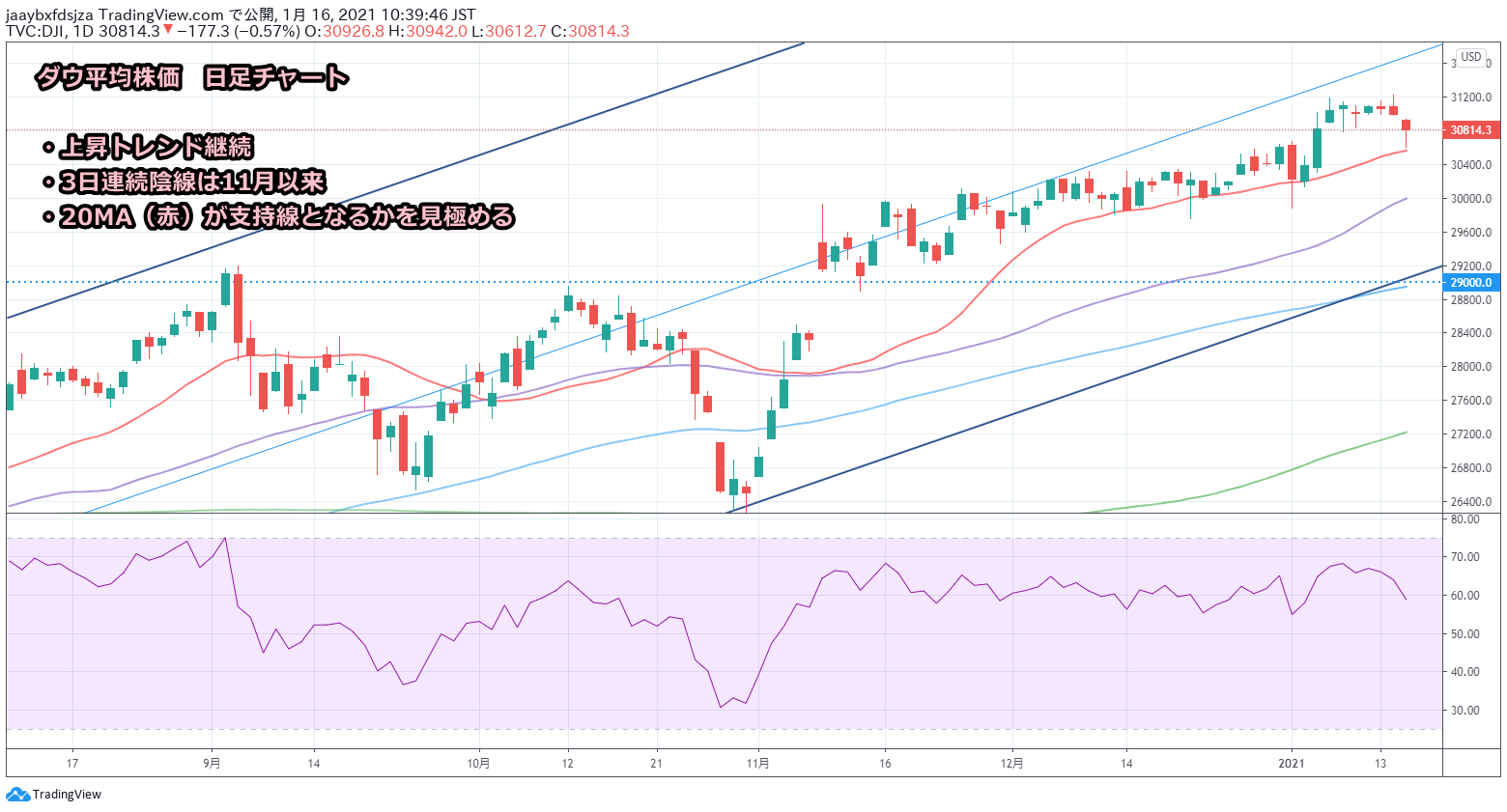 2021年1月16日時点のダウ平均株価の日足チャート画像