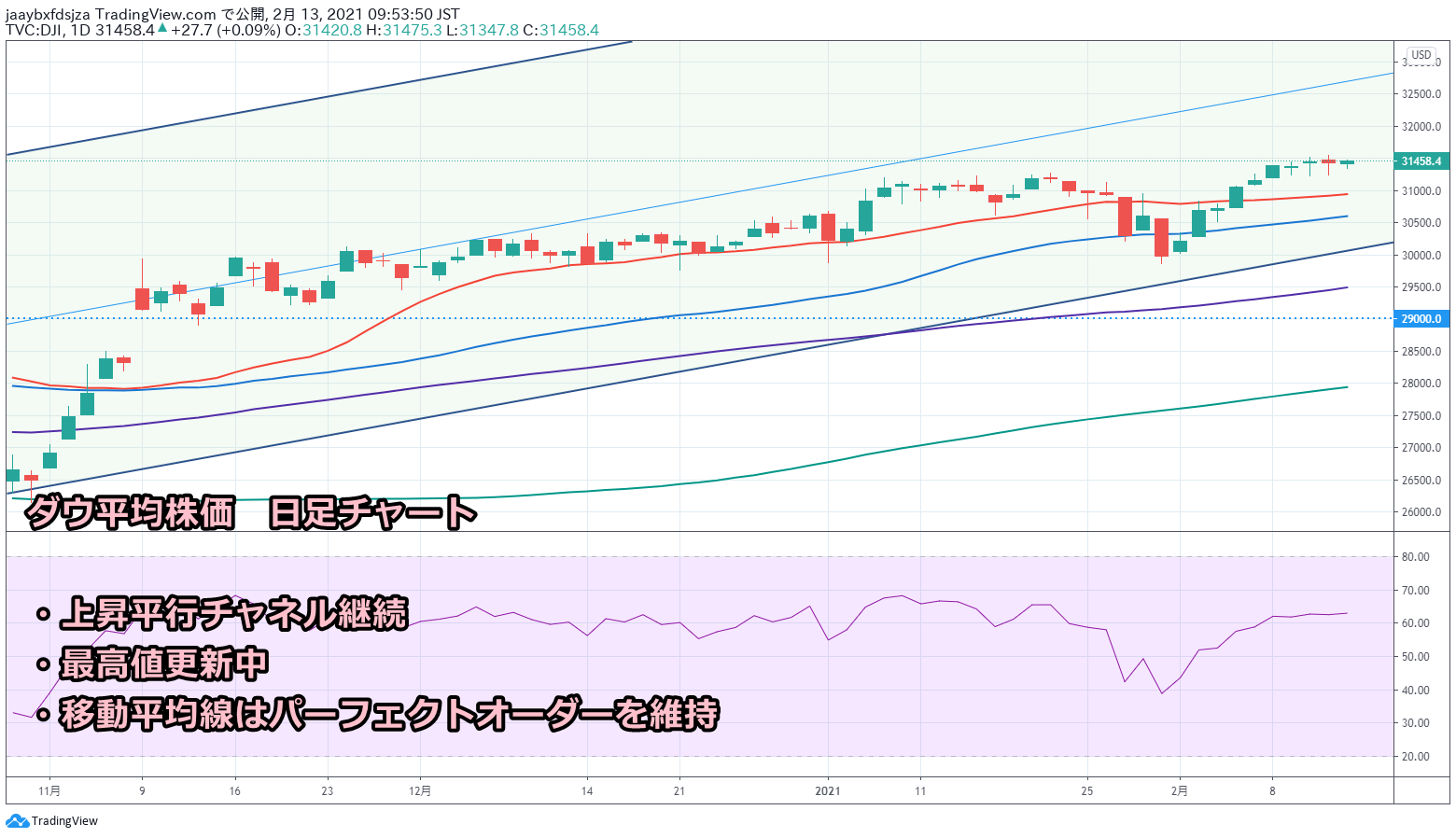 2021年2月13日時点のダウ平均株価の日足チャート