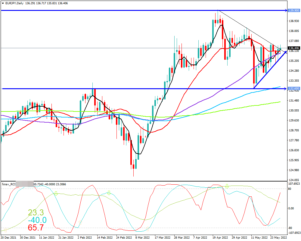 ユーロ円(EUR/JPY)　日足チャート画像（2022/5/28時点）